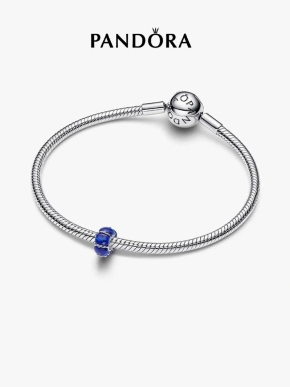 Pandora Sterling Snake Chain Bracelet with Cobalt Blue Murano Charm